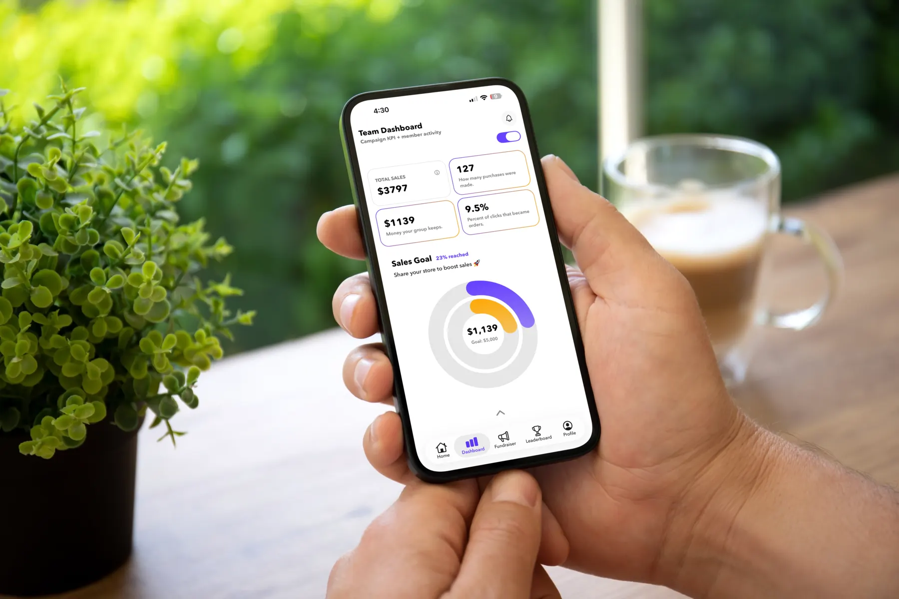 Smartphone mockup showing fundraising insights.